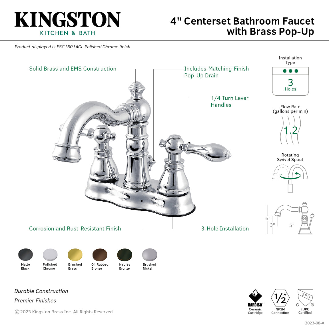 Kingston Heirloom FSC1600ACL - American Classic Double-Handle 3-Hole Deck Mount 4-Inch Centerset Bathroom Faucet with Brass Pop-Up, Matte Black — thumbnail 3